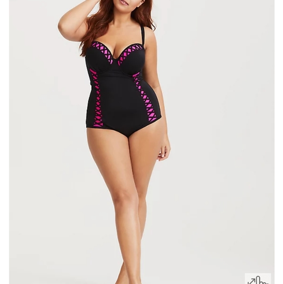 NEW Torrid | Black Lattice & Hot Pink Peekaboo Push-Up Demi Swimsuit One Piece 1 - Picture 3 of 15